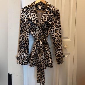Caché Belted Cheetah Print Trench Coat - Double Breasted - Large